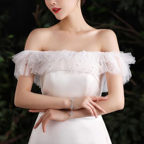 NICENEEDED Shoulderless Bridal Shawl, White Tulle Pearl Shawl Wrap, Women's Capelet for Evening Dresses Tulle Shawl Wrap Bridal Wedding Chiffon Cape Flapper Cover Up in Saudi Arabia