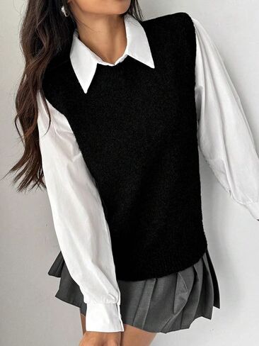 Women Trendy Crew Neck Ribbed Knit Vest Tank Cute Casual Loose Fit Sleeveless Pullover Sweater Top Fall Winter in Saudi Arabia