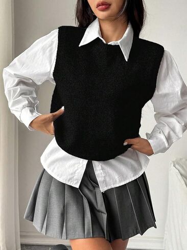 Women Trendy Crew Neck Ribbed Knit Vest Tank Cute Casual Loose Fit Sleeveless Pullover Sweater Top Fall Winter in Saudi Arabia