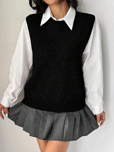 Women Trendy Crew Neck Ribbed Knit Vest Tank Cute Casual Loose Fit Sleeveless Pullover Sweater Top Fall Winter in Saudi Arabia