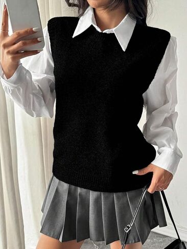 Women Trendy Crew Neck Ribbed Knit Vest Tank Cute Casual Loose Fit Sleeveless Pullover Sweater Top Fall Winter in Saudi Arabia