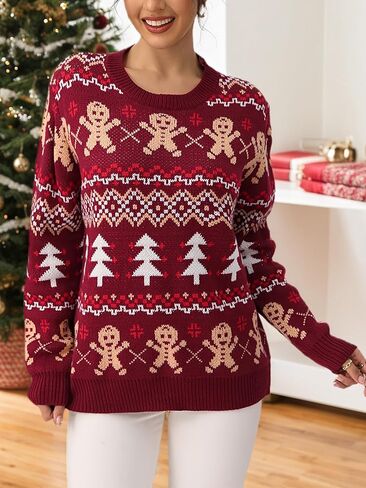 Womens Christmas Fall Winter Crew Neck Pullover Sweater Long Sleeve Casual Festival Knit Sweaters in Saudi Arabia
