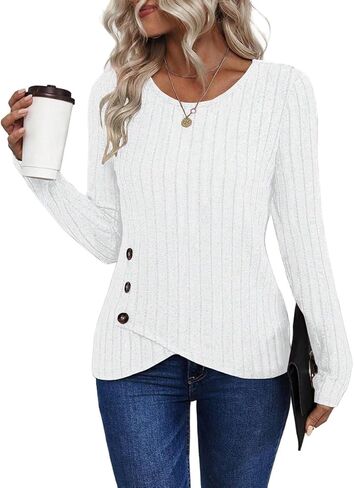 SISKIN Ribbed Long Sleeve Tops for Women Fall Sweaters Light Weight Fitted Crew Neck Side Button Tunic Pullover Sweater in Saudi Arabia