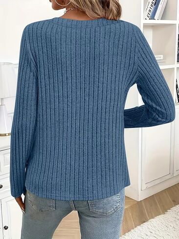 Women's V-Neck Long Sleeve Sweater Soft Casual Knitted Top for Fall Comfortable and Stylish(Blue) S in Saudi Arabia
