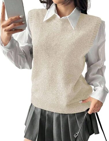 Women Trendy Crew Neck Ribbed Knit Vest Tank Cute Casual Loose Fit Sleeveless Pullover Sweater Top Fall Winter in Saudi Arabia