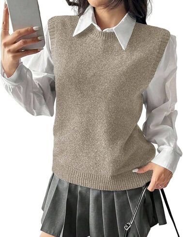 Women Trendy Crew Neck Ribbed Knit Vest Tank Cute Casual Loose Fit Sleeveless Pullover Sweater Top Fall Winter in Saudi Arabia