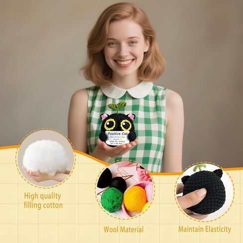 Positive Crochet cat mini Animal Emotional Uplifting Support Gift, Inspiring Crochet Handmade Kitten, for Friends, Women, Men, Mothers on Graduation, Birthday, Christmas(Positive Cat) in Saudi Arabia