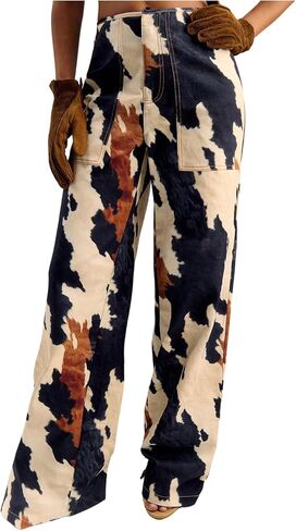 Women's Colorful Graphic Denim Pants High Waisted Wide Leg Trousers Streetwear Pants in Kuwait