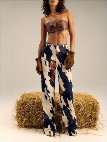 Women's Colorful Graphic Denim Pants High Waisted Wide Leg Trousers Streetwear Pants in Kuwait