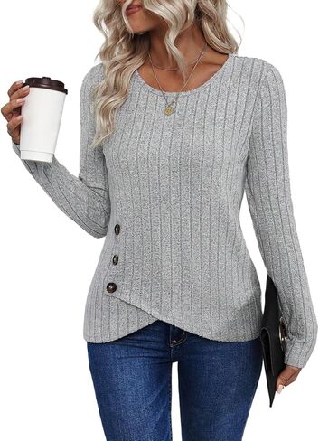 SISKIN Ribbed Long Sleeve Tops for Women Fall Sweaters Light Weight Fitted Crew Neck Side Button Tunic Pullover Sweater in Saudi Arabia