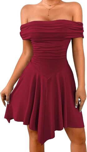 Women's Off Shoulder Ruched Mini Dress, Drop Waist Semi Formal Dresses for Graduation Cocktail Homecoming Party in Saudi Arabia