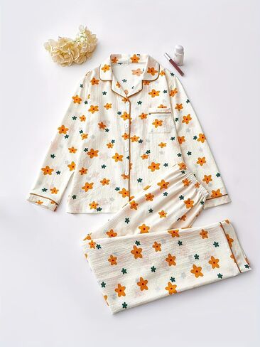 Women's Long Sleeve Orange Floral Print Pajama Set, Elastic Waist Skin-Friendly Soft Ladies Pjs Lounge Sleepwear Two-Piece in Saudi Arabia