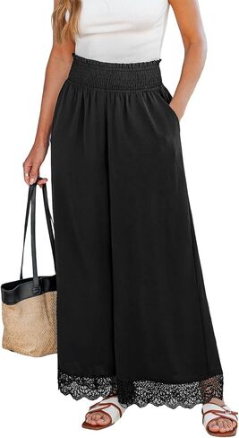 CUPSHE Women's Lace Trim Wide Leg Pants, Spring Summer High Waist Smocked Palazzo Casual Beach Pants with Pockets in Saudi Arabia