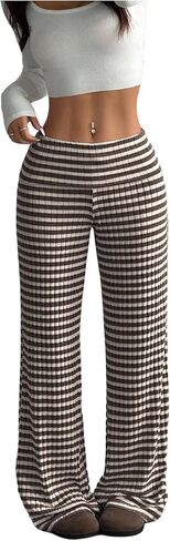 SOLY HUX Women's Plus Size Striped Pants Elastic Waist Wide Leg Knit Lounge Pants Casual Long Trousers in Kuwait
