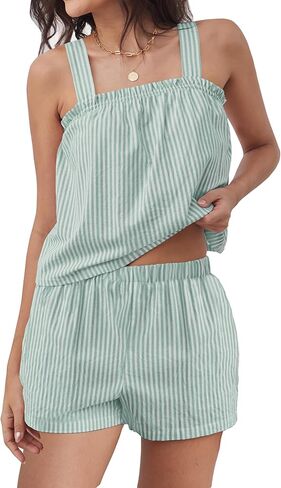 ANRABESS Womens Pajama Sets Striped 2 Piece Pjs Summer Ruffle Cute Tank Top and Shorts Sleepwear 2026 Comfy Soft Lounge Sets in Saudi Arabia
