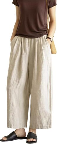 Yeokou Womens Linen Pants Summer Casual Capris Cropped Wide Leg Beach Trousers with Pockets in Saudi Arabia