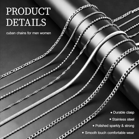 8 Pcs Chains for Men Stainless Steel Chain Necklace bulk Mens Necklace Jewelry Set Figaro Chain Cuban Link Chain Rope Chain Snake Chain in Saudi Arabia