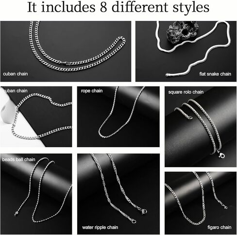 8 Pcs Chains for Men Stainless Steel Chain Necklace bulk Mens Necklace Jewelry Set Figaro Chain Cuban Link Chain Rope Chain Snake Chain in Saudi Arabia