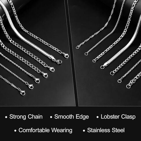 8 Pcs Chains for Men Stainless Steel Chain Necklace bulk Mens Necklace Jewelry Set Figaro Chain Cuban Link Chain Rope Chain Snake Chain in Saudi Arabia