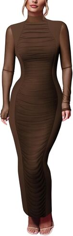 فستان نسائي طويل الأكمام مكشكش من HESUUIO فستان طويل أنيق برقبة وهمية شبكية وحفلات الكوكتيل وحفلات الزفاف in Kuwait