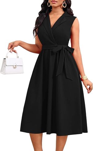 Nmoder Midi Dress for Women Cocktail Sleeveless Fit and Flare Casual Work Lapel V Neck A-Line Dresses in Saudi Arabia