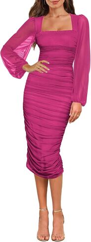 Aisbei Women's Sexy Ruched Bodycon Midi Dress Long Puff Sleeve Square Neck Mesh Cocktail Party Wedding Dresses in Saudi Arabia