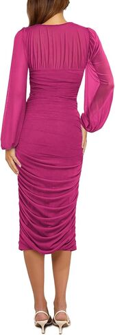 Aisbei Women's Sexy Ruched Bodycon Midi Dress Long Puff Sleeve Square Neck Mesh Cocktail Party Wedding Dresses in Saudi Arabia