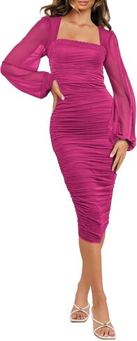 Aisbei Women's Sexy Ruched Bodycon Midi Dress Long Puff Sleeve Square Neck Mesh Cocktail Party Wedding Dresses in Saudi Arabia