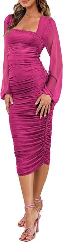Aisbei Women's Sexy Ruched Bodycon Midi Dress Long Puff Sleeve Square Neck Mesh Cocktail Party Wedding Dresses in Saudi Arabia