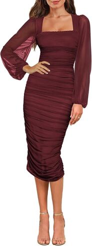 Aisbei Women's Sexy Ruched Bodycon Midi Dress Long Puff Sleeve Square Neck Mesh Cocktail Party Wedding Dresses in Saudi Arabia
