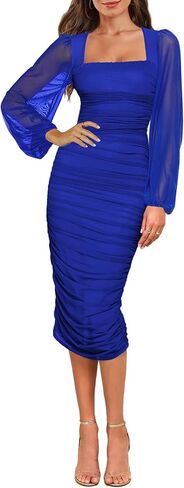 Aisbei Women's Sexy Ruched Bodycon Midi Dress Long Puff Sleeve Square Neck Mesh Cocktail Party Wedding Dresses in Saudi Arabia