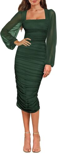 Aisbei Women's Sexy Ruched Bodycon Midi Dress Long Puff Sleeve Square Neck Mesh Cocktail Party Wedding Dresses in Saudi Arabia