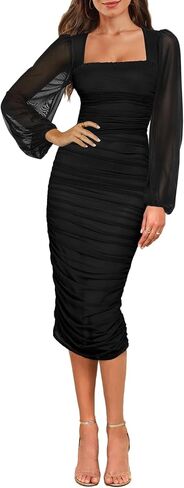 Aisbei Women's Sexy Ruched Bodycon Midi Dress Long Puff Sleeve Square Neck Mesh Cocktail Party Wedding Dresses in Saudi Arabia