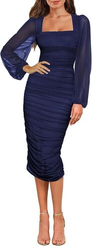 Aisbei Women's Sexy Ruched Bodycon Midi Dress Long Puff Sleeve Square Neck Mesh Cocktail Party Wedding Dresses in Saudi Arabia