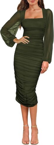 Aisbei Women's Sexy Ruched Bodycon Midi Dress Long Puff Sleeve Square Neck Mesh Cocktail Party Wedding Dresses in Saudi Arabia