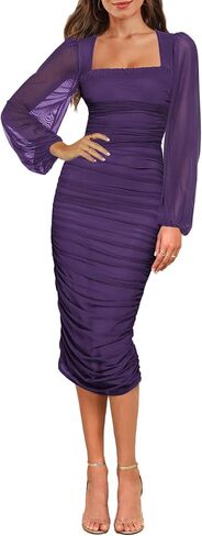 Aisbei Women's Sexy Ruched Bodycon Midi Dress Long Puff Sleeve Square Neck Mesh Cocktail Party Wedding Dresses in Saudi Arabia