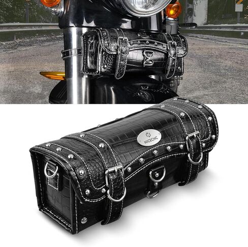 NICECNC Motorcycle Fork Bag Handlebar Bag, Star Rivet Style Vintage PU Leather Classic Cowhide Lines, Waterproof Universal Motorcycle Tool Storage Bag Sissy Bar Side Tail Frame Bag, Brown in Saudi Arabia