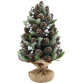 شجرة عيد الميلاد الريفية الصغيرة مع مخاريط الصنوبر والتوت الفضي وقاعدة الخيش، ديكور طاولة شجرة عيد الميلاد لتزيين طاولة عيد الميلاد (فضي) in Kuwait