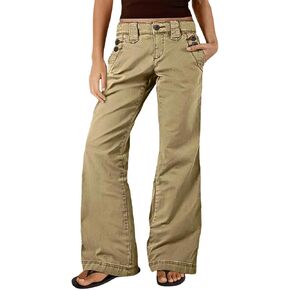 Flamingals Straight Leg Mid Waist Solid Buttoned Pocket Casual Pants for Women in Kuwait