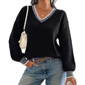 ATHMILE Womens Sweaters V Neck Long Sleeve Contrast Knit Casual Pullover Fall Winter Outfits Cute Tops 2026 in Kuwait