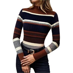 Floerns Women's Chevron Fall Sweaters Color Block Mock Neck Long Sleeve Knit Old Money Pullover Jumper in Kuwait