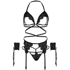 Leg Avenue 81653-00222 4 Pc Eyelash Lace Cage Strap Open Cup Bra With Heart Ring Accent, Garter Belt, G-String Panty, And Wrist Cuffs, O/S, White in Kuwait