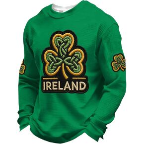 St Patricks Day Shirt for Men，Green Waffle Crewneck Sweatshirt with Shamrock and Sleeve Emblem in Saudi Arabia