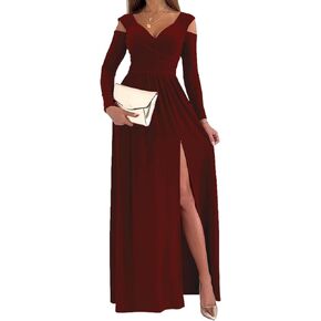 Women Long Sleeve Slit Maxi Long Dresses Deep V Neck Cold Shoulder Dress for Women Casual Fall Winter Evening Date in Saudi Arabia