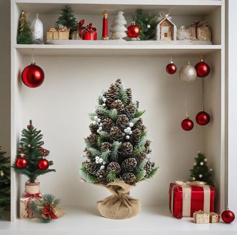 شجرة عيد الميلاد الريفية الصغيرة مع مخاريط الصنوبر والتوت الفضي وقاعدة الخيش، ديكور طاولة شجرة عيد الميلاد لتزيين طاولة عيد الميلاد (فضي) in Kuwait