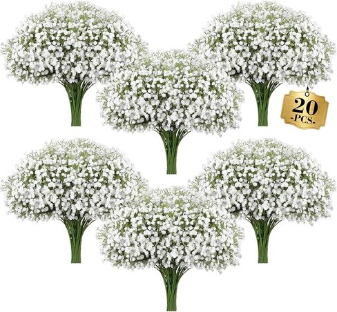 Babys Breath زهور اصطناعية مجمعة 20 قطعة، زهور صناعية ذات ملمس حقيقي، زهور وهمية للأطفال تتنفس بجذع طويل لمزهرية طويلة، باقة زفاف بيضاء، ديكور استقبال الزفاف، زخرفة زهور لحفلات المنزل الداخلية in Kuwait