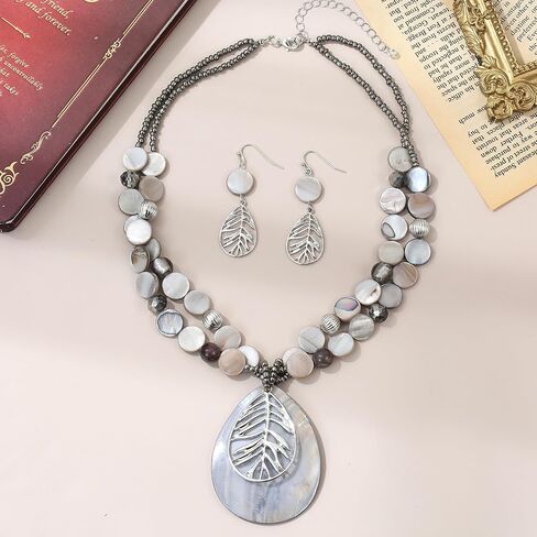 Elisheva خمر بيان قلادة مكتنزة، البوهيمي تخريمية ورقة Waterdrop قلادة تتدلى قلادة وأقراط مجموعة، أم اللؤلؤ قذيفة بيان المجوهرات، الأزياء والمجوهرات للنساء in Kuwait