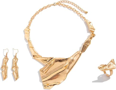 Women's punk irregular metal necklace, Statement shaped necklace, earrings & ring sets for women, punk jewelry gifts in Saudi Arabia
