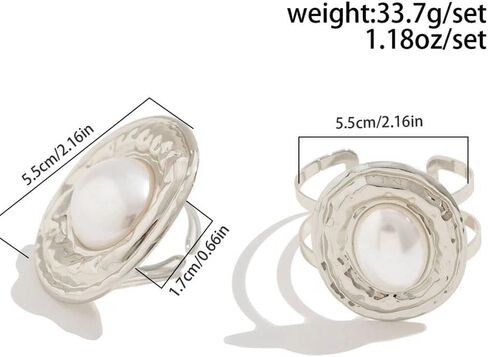 Chunky Oval Pearl Ring Bracelet Set for Women,Vintage Geometric Circular Texture Statement Knuckle Ring,Personalized Trendy Jewelry Accessories Gifts in Saudi Arabia