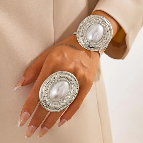 Chunky Oval Pearl Ring Bracelet Set for Women,Vintage Geometric Circular Texture Statement Knuckle Ring,Personalized Trendy Jewelry Accessories Gifts in Saudi Arabia